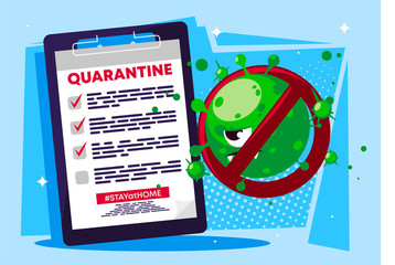 Vector illustration folder with text about quarantine, list of preventive measures against viral infection, cartoon character molecules viruses with a red warning sign