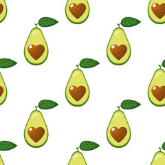 Seamless pattern with fresh half avocado with heart isolated on white background. Summer fruits for healthy lifestyle. Organic fruit. Cartoon style. Vector illustration for any design.