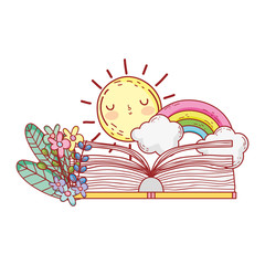 open book rainbow clouds sun flowers foliage