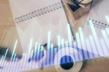 Multi exposure of woman's hands making notes with forex graph hologram. Concept of technical analysis.