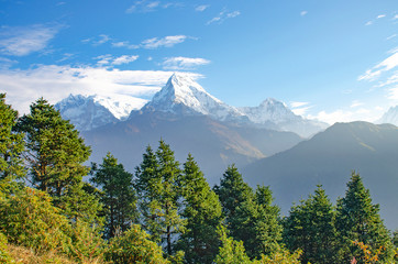 Fototapeta premium Jungle and landscape Himalayas in Nepal beautiful mountains amid blue sky