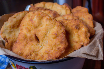 fried cake on a vintage platter- closeup