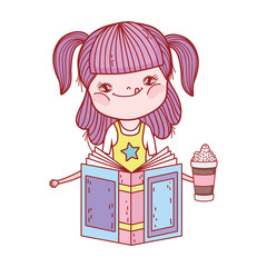 little girl reading book literature with frape in hand cartoon