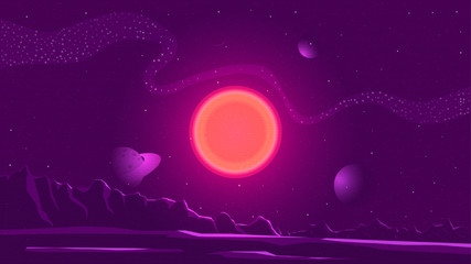 Minimalist vector landscape background, abstract sunset surface and a planet for your design. © samserius