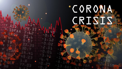 Coronavirus market crash concept image illustration with stocks positions and tables going down with stocks loss presented. Covid-19 molecule crashing the graph of the economics