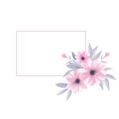 Watercolor horizontal frame of pink flowers with silver leaves. Abstract flower for spa, relax, holiday. Perfectly for printing design on invitations, cards, wall art and other. Hand painted.