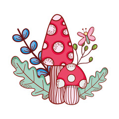 cute mushrooms butterfly branch leaves cartoon