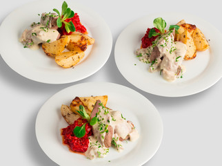 Salad, pork chops, chicken, mushrooms, prosciutto, spinach, cheese, grapes, beef, nuts, cedar cheese, tuna, tomatoes, olives, fish. Viewed 360 or top view.