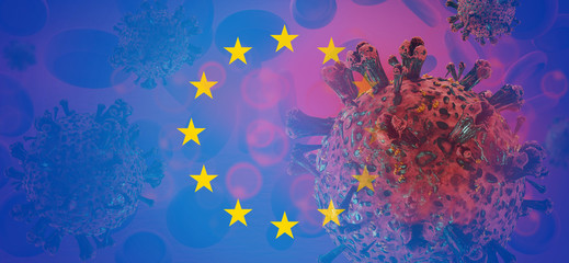 Fototapeta na wymiar Flag of Europe Coronavirus Virus cell. Corona Virus detail symbolic virus cell. 3d-illustration