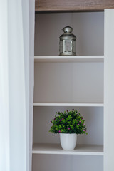 White empty book shelf with a plant and a candle.