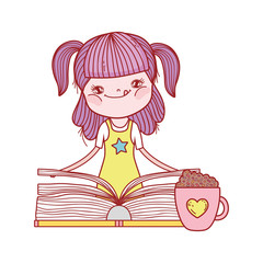 little girl holding book and chocolate cup isolated design