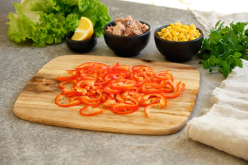 Sliced red pepper on the board