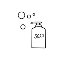Liquid soap, bubbles Hand drawn in doodle scandinavian minimalism style. icon, sticker, poster, card prevention and protection virus, coronavirus, covid-19 pandemic, epidemic, hygiene
