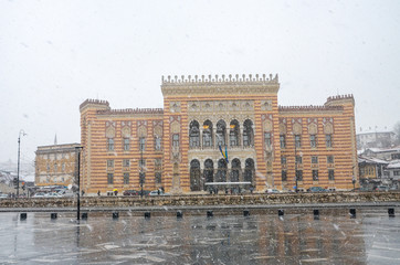 Vijecnica, City hall in Sarajevo, Bosnia and Herzegovina. Buildings and architecture. Old town...