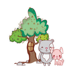 cute animals, pink rabbit with cat tree nature cartoon