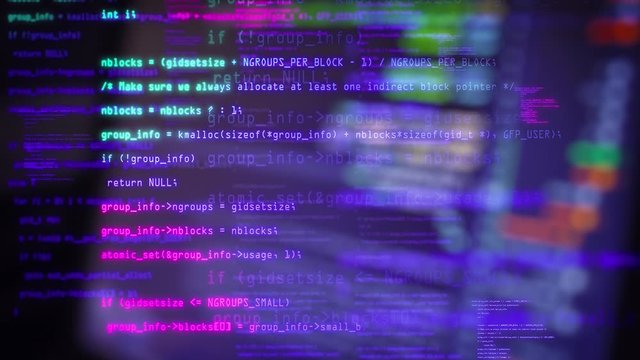 Data flow animation technology. Blocks of abstract program code are written and moved on old screen monitor. Blue and purple code. IT, software development and hacking concept. encrypted security code