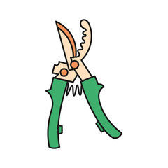 Simplified colored vector illustration of a metal farm secateur on a white background.