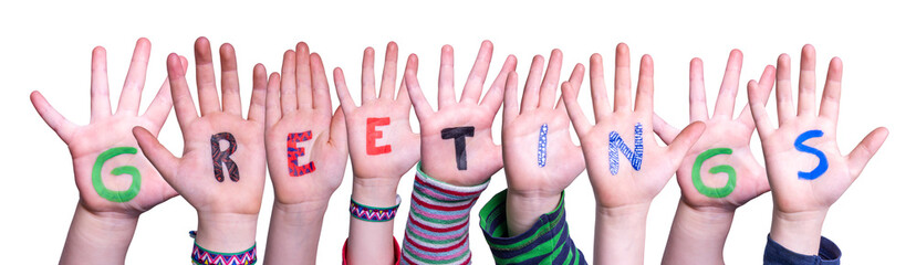 Children Hands Building Colorful English Word Greetings. White Isolated Background © Nelos
