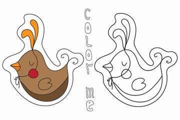 Outline with cute doodle cartoon chicken. Coloring. Black and white vector illustration isolated on white background. Kids coloring pages. 