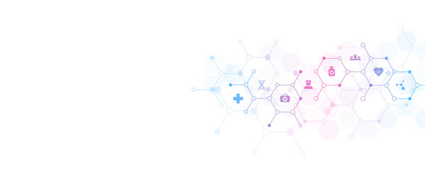 Abstract medical background with flat icons and symbols. Template design with concept and idea for healthcare technology, innovation medicine, health, science and research.