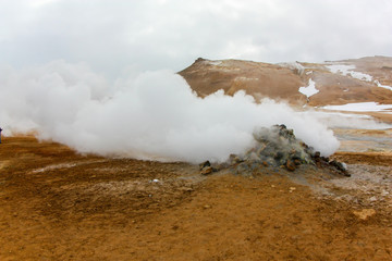 Seething valley of geysers in Iceland. Sulphur springs