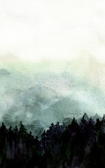 Forest in Fog Watercolor Landscape Illustration Hand Drawing Background