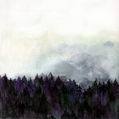 Forest in Fog Watercolor Landscape Illustration Hand Drawing Background