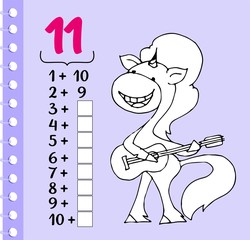 Math game with unicorn for children, easy level, education game for kids, preschool worksheet activity. Learning the number 11. Counting equations. Coloring page.