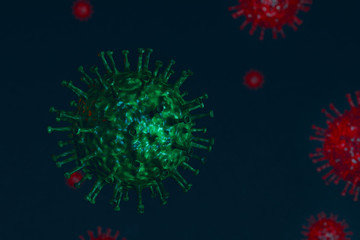 Flu or HIV coronavirus floating in fluid microscopic view, pandemic or virus infection concept - 3D illustration