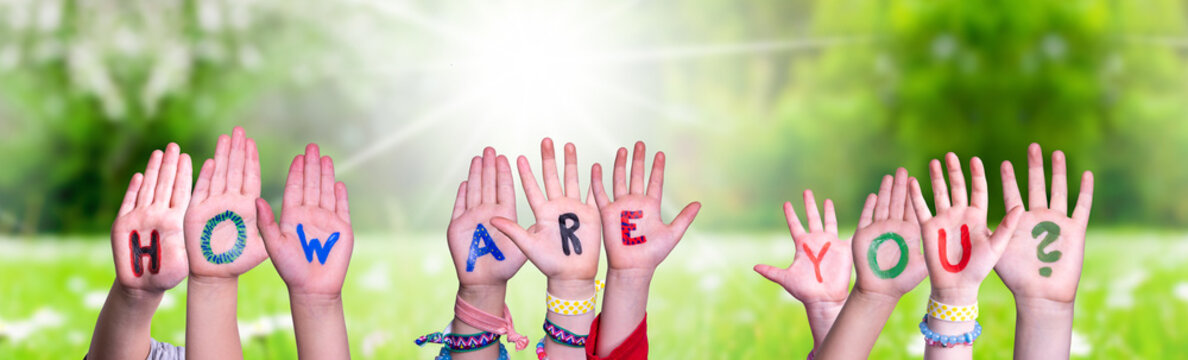 Children Hands Building Colorful English Word How Are You. Sunny Green Grass Meadow As Background