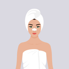 A young girl wrapped in a towel, with a towel on her head, with a cleansing strip on her nose. Stock vector flat illustration. The concept of self-care for the skin of the face