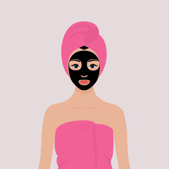 A young girl wrapped in a towel with a cosmetic mask on her face. Stock vector illustration