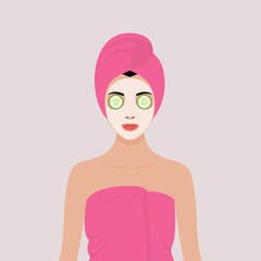 A young girl wrapped in a towel with a cosmetic mask on her face. Stock vector illustration
