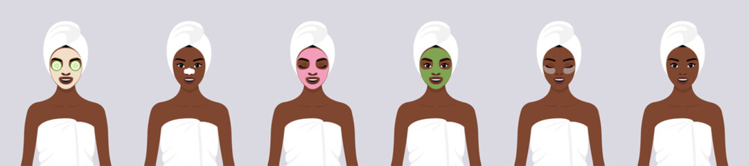 A set of six vector stock flat illustrations. A young girl wrapped in a towel, with a towel on her head, with different types of cosmetic masks on her face. The concept of self-care for the skin