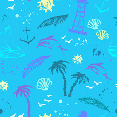 Fototapeta na wymiar Summer seamless pattern with sketch drawings and stains