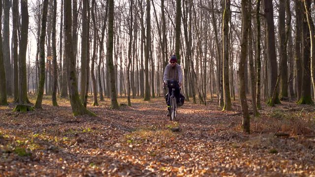 Establishing shot of man riding a touring bicycle at forest, Croatia.