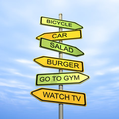3D rendering of a conceptual image of direction signs toward healthy or unhealthy lifestyle.