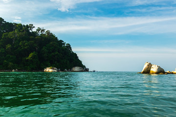 tourist enjoy the beauty of nature surrounding Pangkor Island located in Perak State, Malaysia during island hoping activity