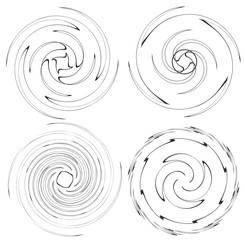 Set of black and white vortex, volute shapes. Twisted helix elements