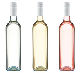 Set of bottles without labels with screw cap.