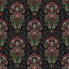 Paisley seamless elegant pattern in vector. The color pattern of brown and green on a black background fabric