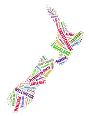 New Zealand map and list of cities word cloud concept