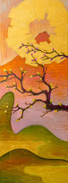 An oil painting of a sakura blossoms, the golden sun and the mount Fuji in a background.
