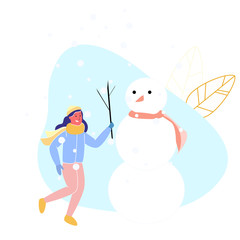 Smiling Girl in Winter Clothes near Snowman in Red Scarf. Vector Illustration. Winter Fun. Girl in Yellow Hat and Scarf. Playing with Snowman on Street. Funny Company. Winter Park Area. Snow Weather.