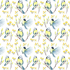 watercolor seamless pattern with spring flowers and titmouse