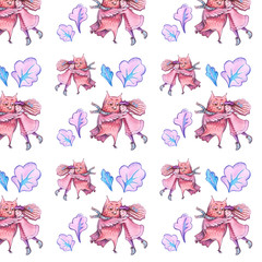 Winter watercolor seamless pattern with purple owl and girl