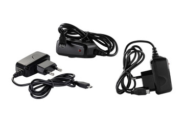 Black power adapter with micro-USB cable isolated on white