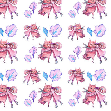 Winter watercolor seamless pattern with purple owl and girl