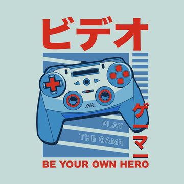 video game controller, tee shirt graphics, typography, 