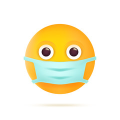 Emoticon with medical mask. Coronavirus Emoji Character Symbol. COVID-19 Pandemic 3D Virus Icon. Modern Flat Vector Illustration. Eps 10
